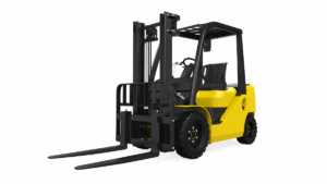 A yellow and black forklift, designed for efficient material handling, is shown on a white background, angled slightly to the left with its forks raised off the ground.