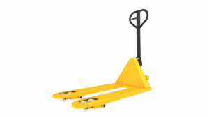 A yellow manual pallet jack with black handle and two forks, designed for efficient material handling when lifting and moving pallets.