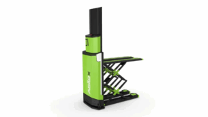 A green and black automated guided vehicle (AGV) with a scissor lift mechanism, labeled “AGILOX,” designed for efficient material handling in warehouses, featuring an advanced automation interface.
