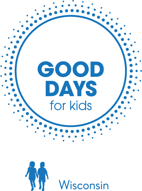 A circular graphic featuring “Good Days For Kids” with silhouettes of two children, and “Benefiting Children’s Wisconsin” below.