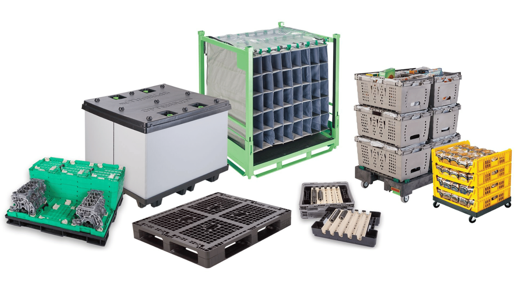 Various industrial shipping containers and pallets for packaging, in different sizes, materials, and configurations, are arranged on a white background,