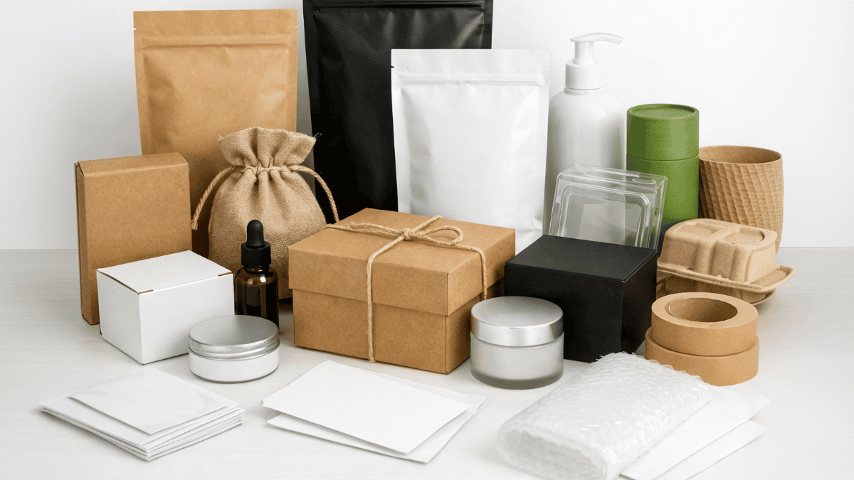 Assorted eco-friendly and reusable packaging materials, including boxes, jars, bags, bottles, and bubble wrap, displayed on a white surface—perfect for businesses preparing for the PPWR Inflection Point in August 2026.