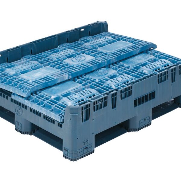 The AG4048-32 is a blue industrial plastic bin featuring a sturdy grid design and reinforced edges, pictured collapsed against a white background.