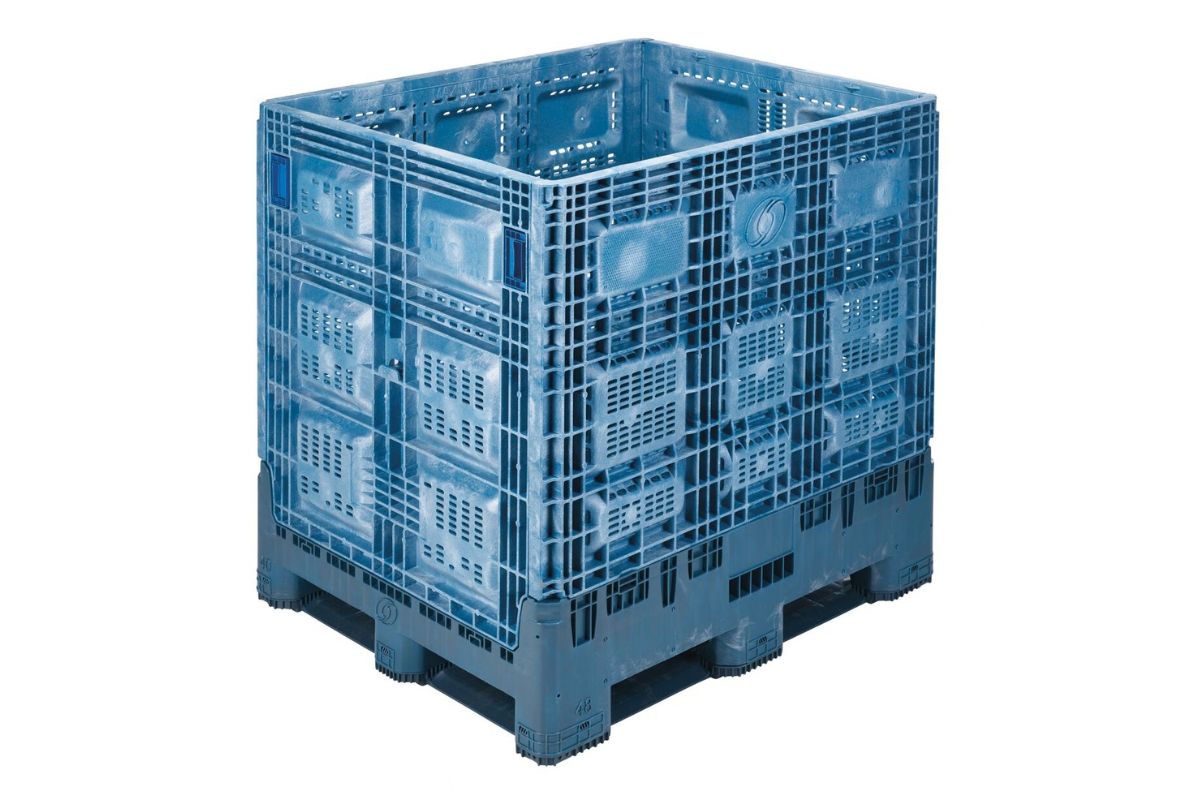 AG4048-46 blue plastic bulk storage crate with ventilated sides and a solid base, designed for industrial or warehouse use, shown on a white background.