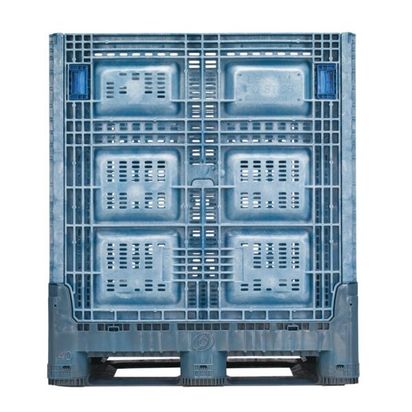 The AG4048-46 blue industrial plastic bulk bin with vented sides is shown upright against a white background.