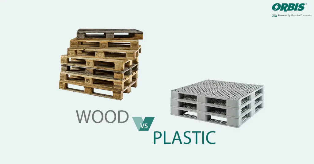 A stack of wooden pallets is shown on the left, and a stack of plastic pallets is on the right, with the text “WOOD vs PLASTIC” between them.