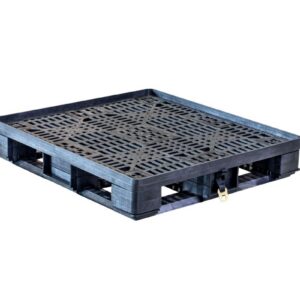 Black plastic shipping pallet with a ventilated, grid-like surface and a stackable design, shown against a plain white background.