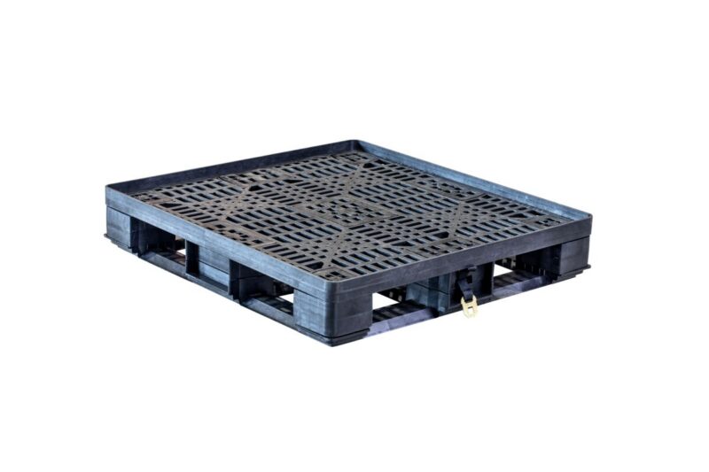 Black plastic shipping pallet with a ventilated, grid-like surface and a stackable design, shown against a plain white background.