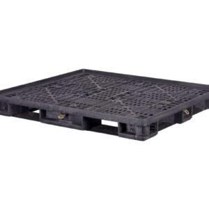 A black plastic shipping pallet with a grid surface and standard forklift entry points, shown isolated on a white background.