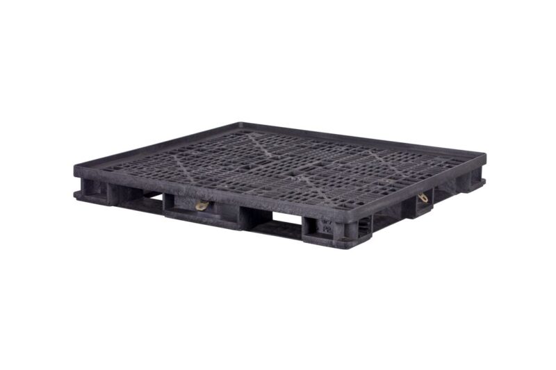 A black plastic shipping pallet with a grid surface and standard forklift entry points, shown isolated on a white background.