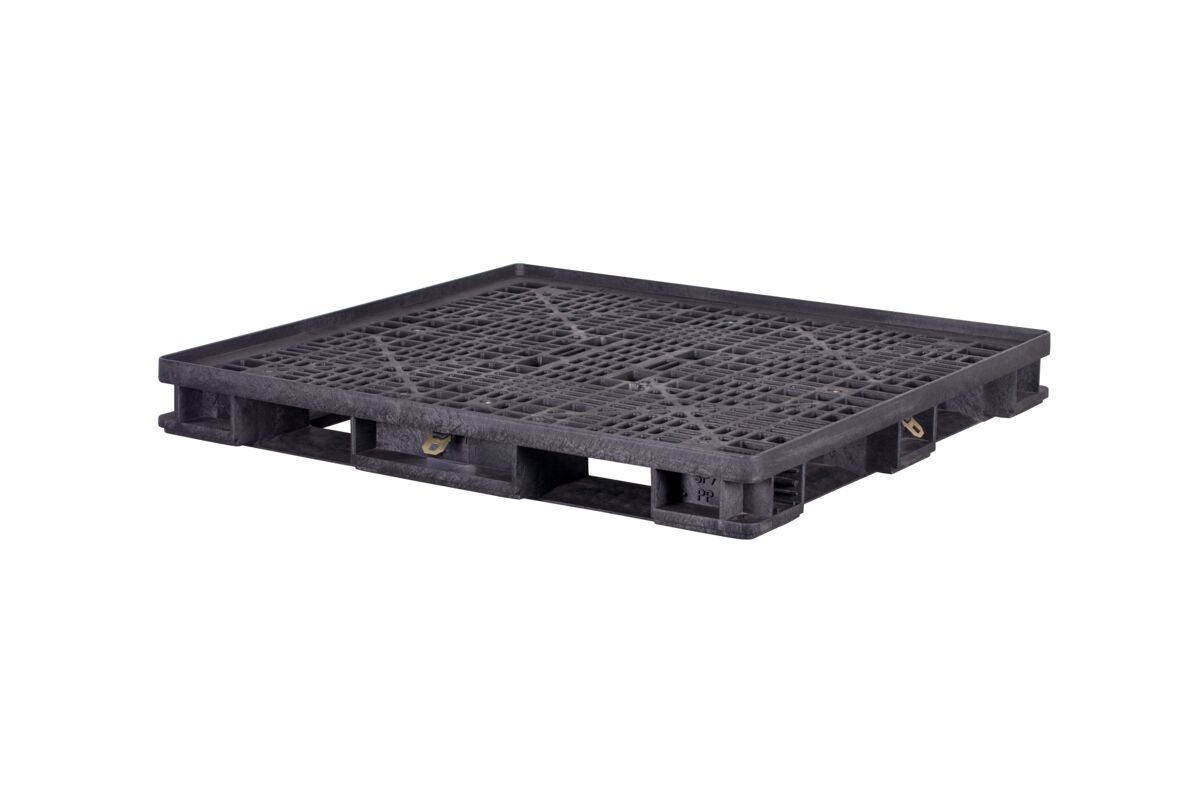 A black plastic shipping pallet with a grid surface and standard forklift entry points, shown isolated on a white background.