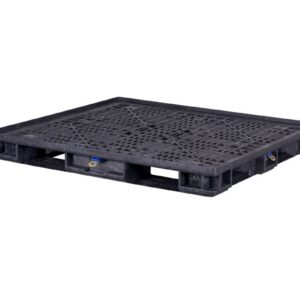 Black plastic shipping pallet with a grid design and raised edges, photographed on a white background.