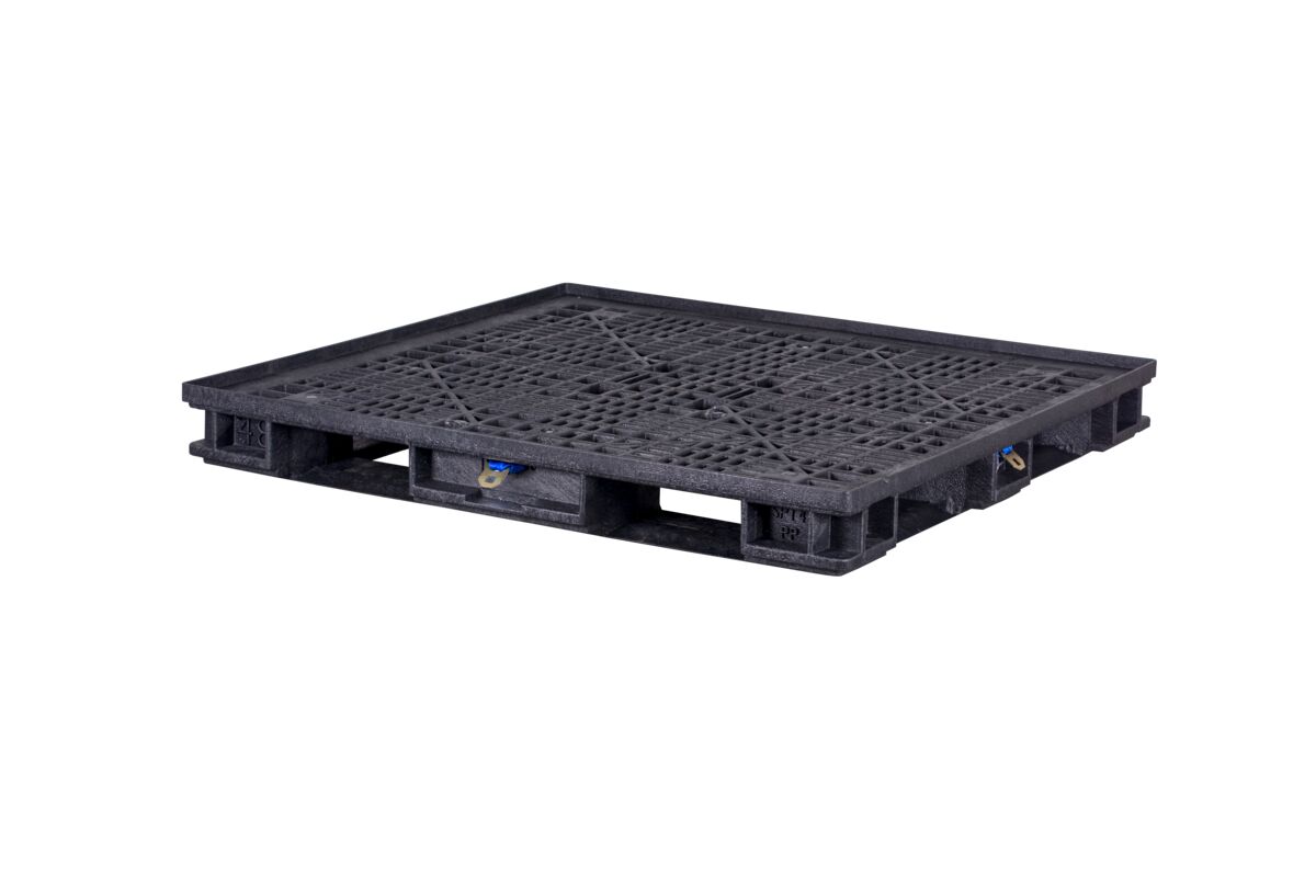Black plastic shipping pallet with a grid design and raised edges, photographed on a white background.
