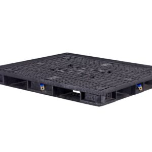 Black plastic shipping pallet with a flat top surface and open grid pattern, shown on a white background.