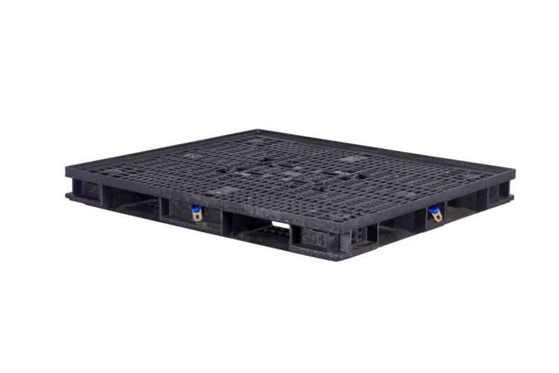 Black plastic shipping pallet with a flat top surface and open grid pattern, shown on a white background.