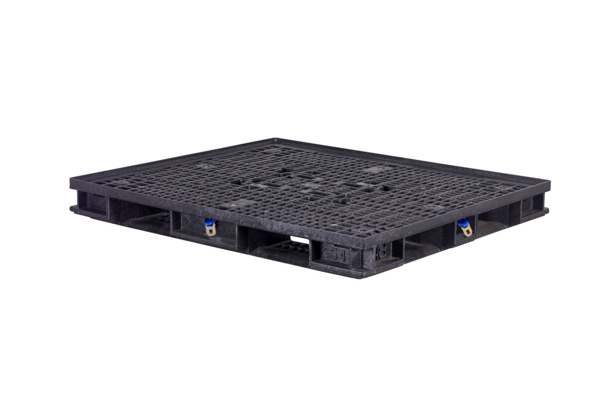 Black plastic shipping pallet with a flat top surface and open grid pattern, shown on a white background.