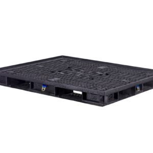 A black plastic shipping pallet with a grid-patterned surface is shown on a white background.