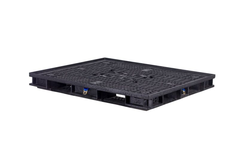 A black plastic shipping pallet with a grid-patterned surface is shown on a white background.