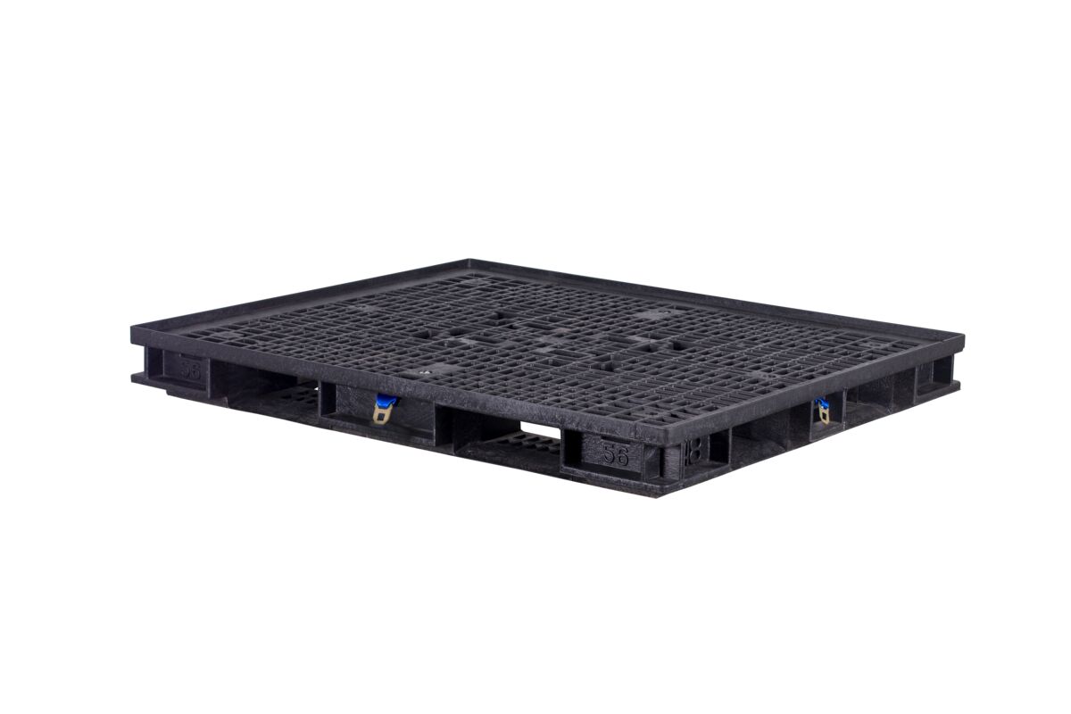 A black plastic shipping pallet with a grid-patterned surface is shown on a white background.