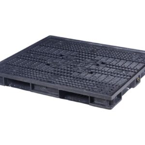 A black plastic shipping pallet with a textured surface is shown on a white background.
