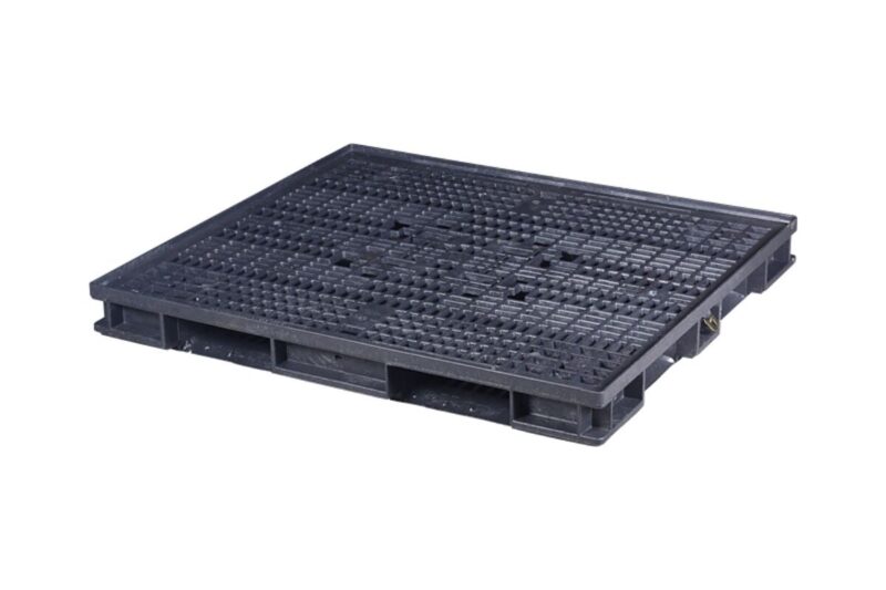 A black plastic shipping pallet with a textured surface is shown on a white background.