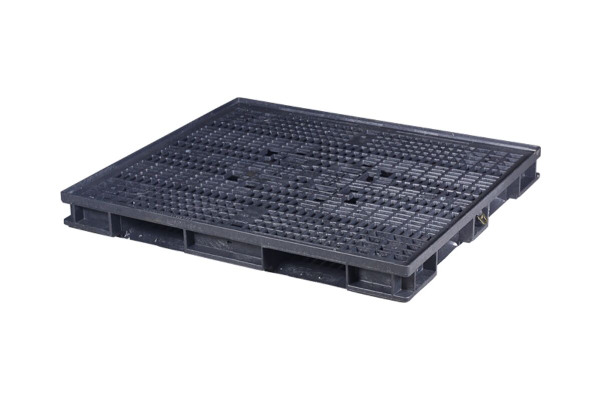 A black plastic shipping pallet with a textured surface is shown on a white background.