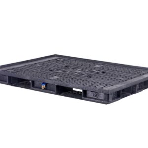 A black plastic pallet with a grid pattern, shown on a white background.