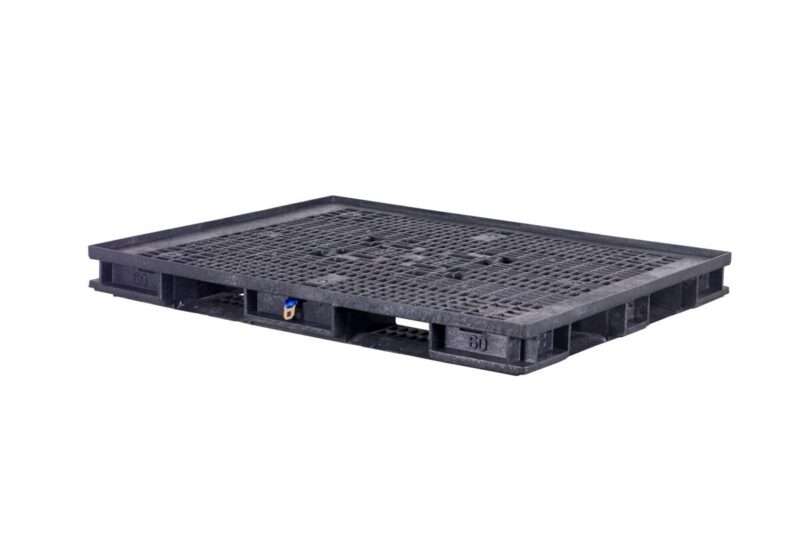 A black plastic pallet with a grid pattern, shown on a white background.