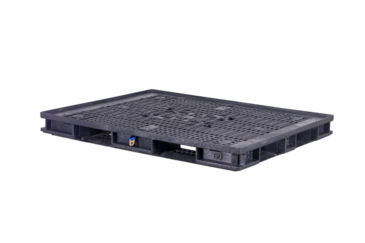 A black plastic pallet with a grid pattern, shown on a white background.