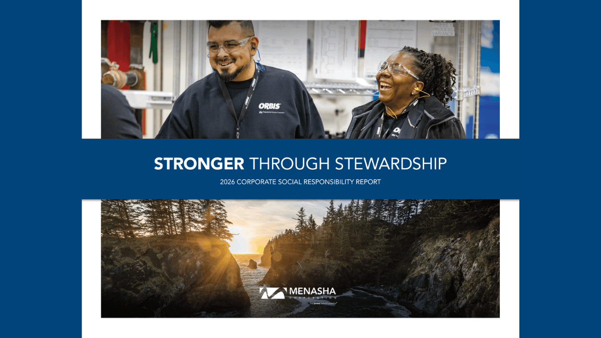 Two employees smiling and talking in a workplace, above text reading “Stronger Through Stewardship,” with a scenic sunrise over a forested coastline and the Menasha Corporation logo—highlighting our commitment to Corporate Social Responsibility.