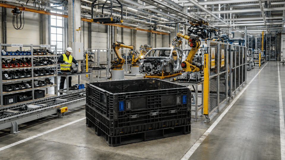 A worker oversees robotic arms assembling a car on a production line in an industrial factory, with parts, bulk containers, and a large black crate nearby—illustrating the efficiency of modern automotive supply chains.
