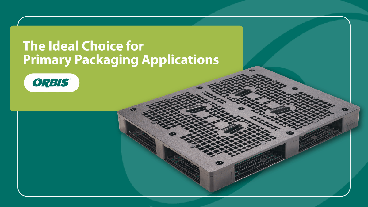 A gray plastic P3 Pallet is displayed on a teal background with text that reads, “The Ideal Choice for Primary Packaging Applications. Orbis.”.