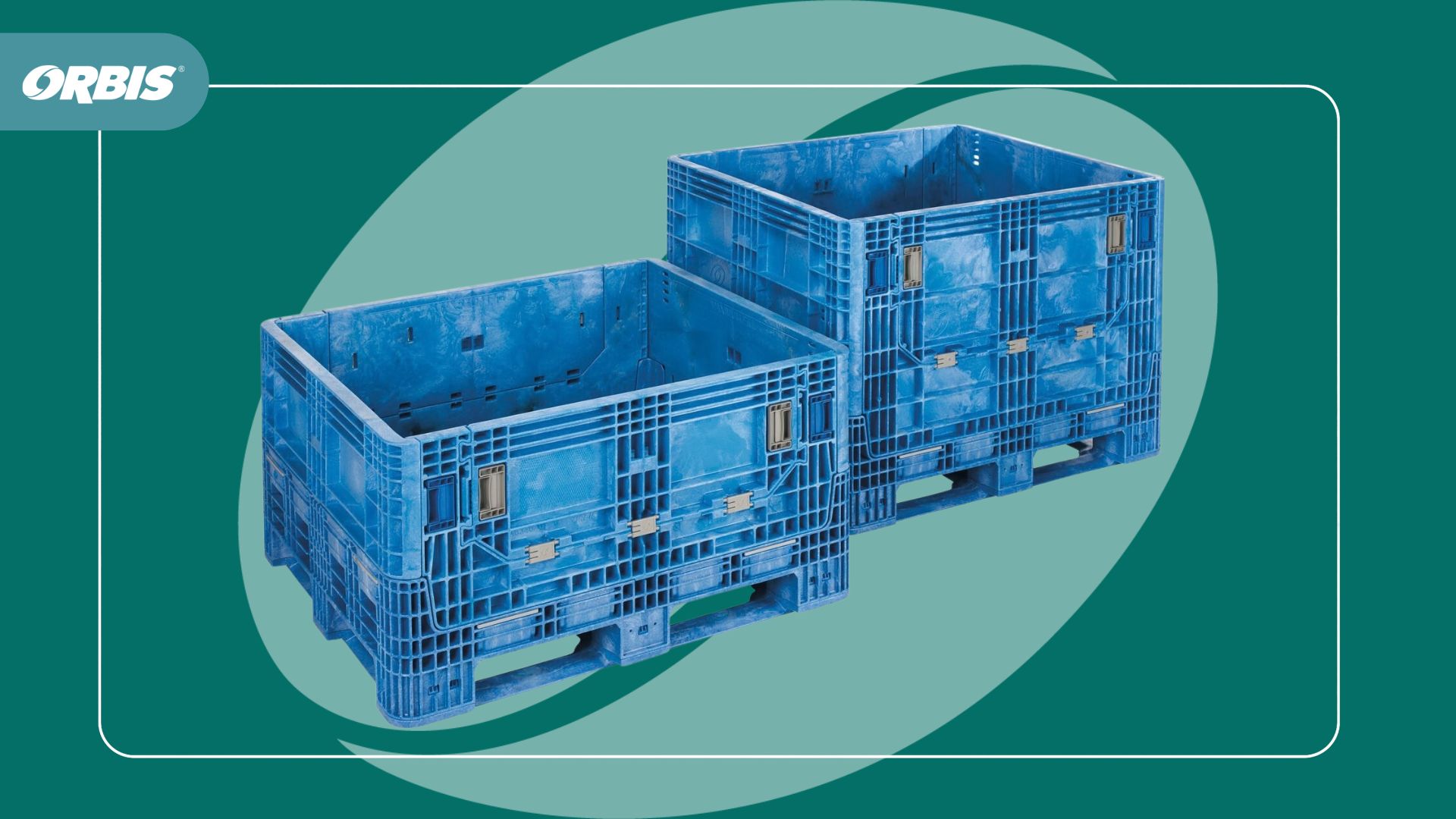 Two large blue plastic BulkPak HDR4048-25/34 containers with open tops are placed side by side on a green and teal graphic background with an Orbis logo in the corner, highlighting their enhanced durability and easier maintenance.